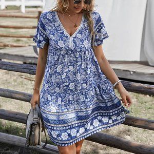 Bohemian Print Gathered Bust Mini Dress - Boho Dresses for Women - Spring Dress